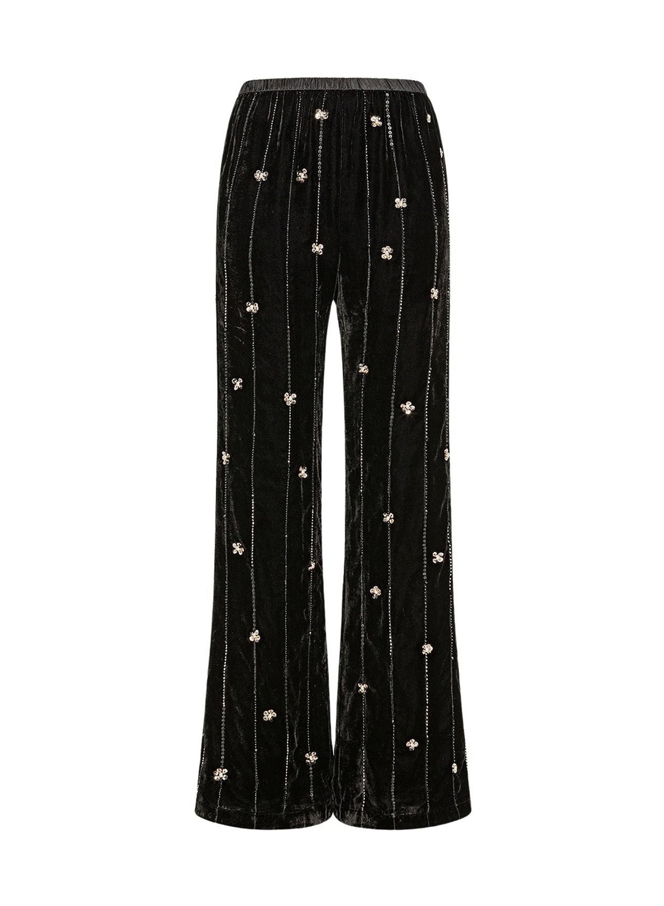 Pantalon évasé en velours brodé Petites Étoiles - Noir