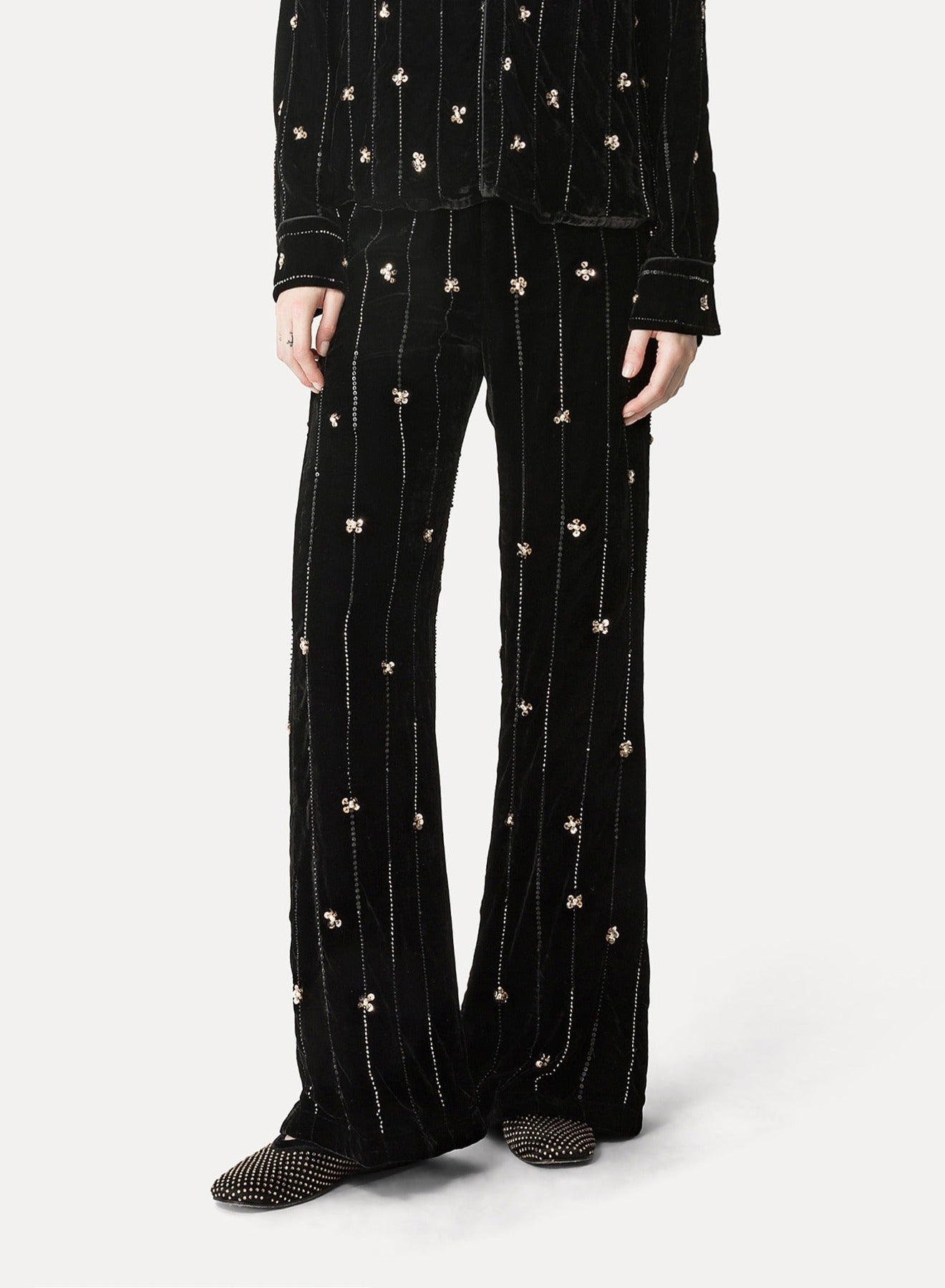 Pantalon évasé en velours brodé Petites Étoiles - Noir