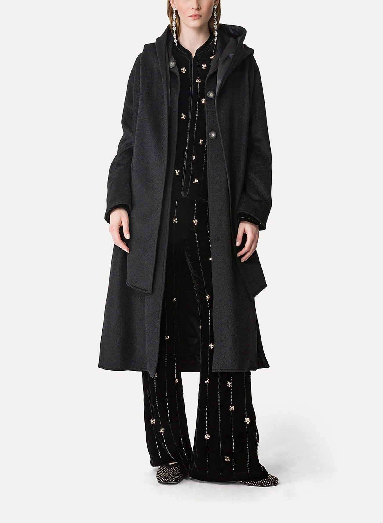 Pantalon évasé en velours brodé Petites Étoiles - Noir