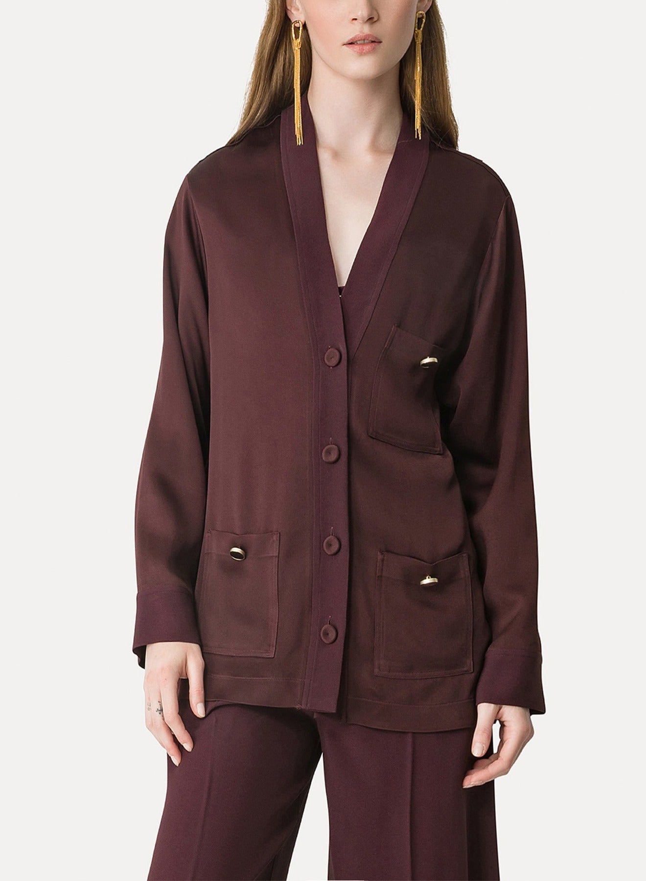 Veste boutonnée en lin mélangé - Chocolat Noir
