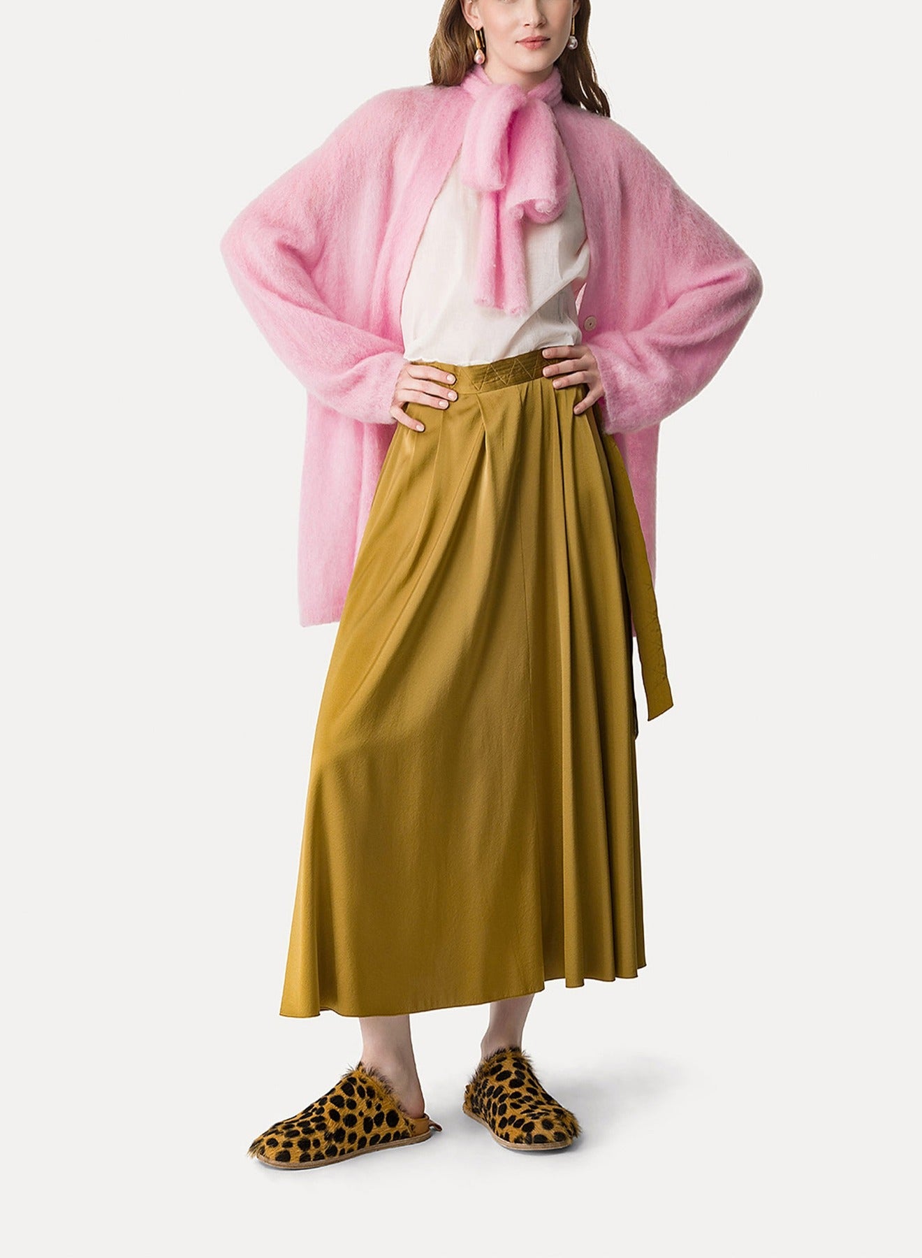 Jupe midi en soie - Khaki