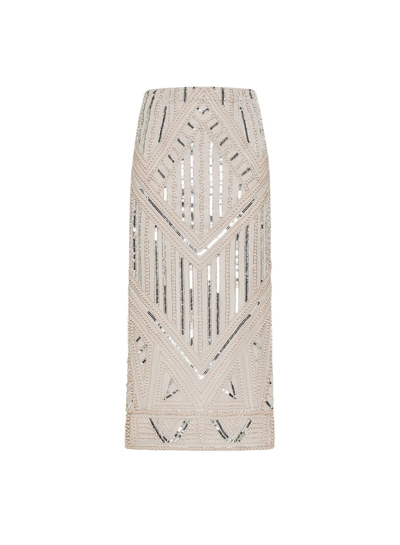Jupe crayon en georgette brodée Perles Enchantées - Silvermoon