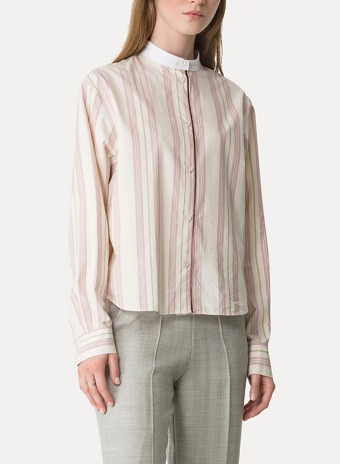 Chemise Grand-Père rayé avec détails en velours - Rose