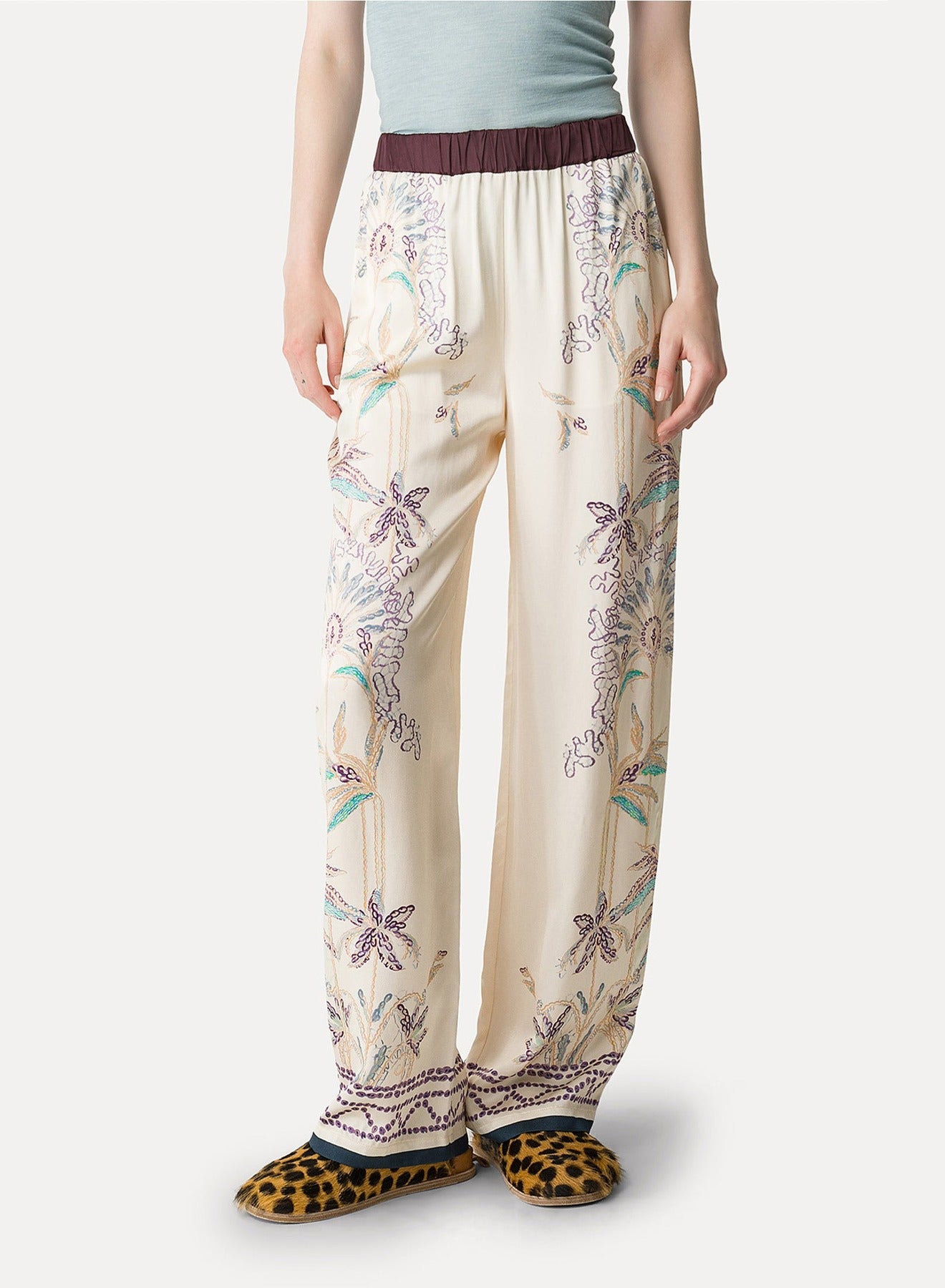 Pantalon élastiqué en satin à imprimé Sogni - Avorio