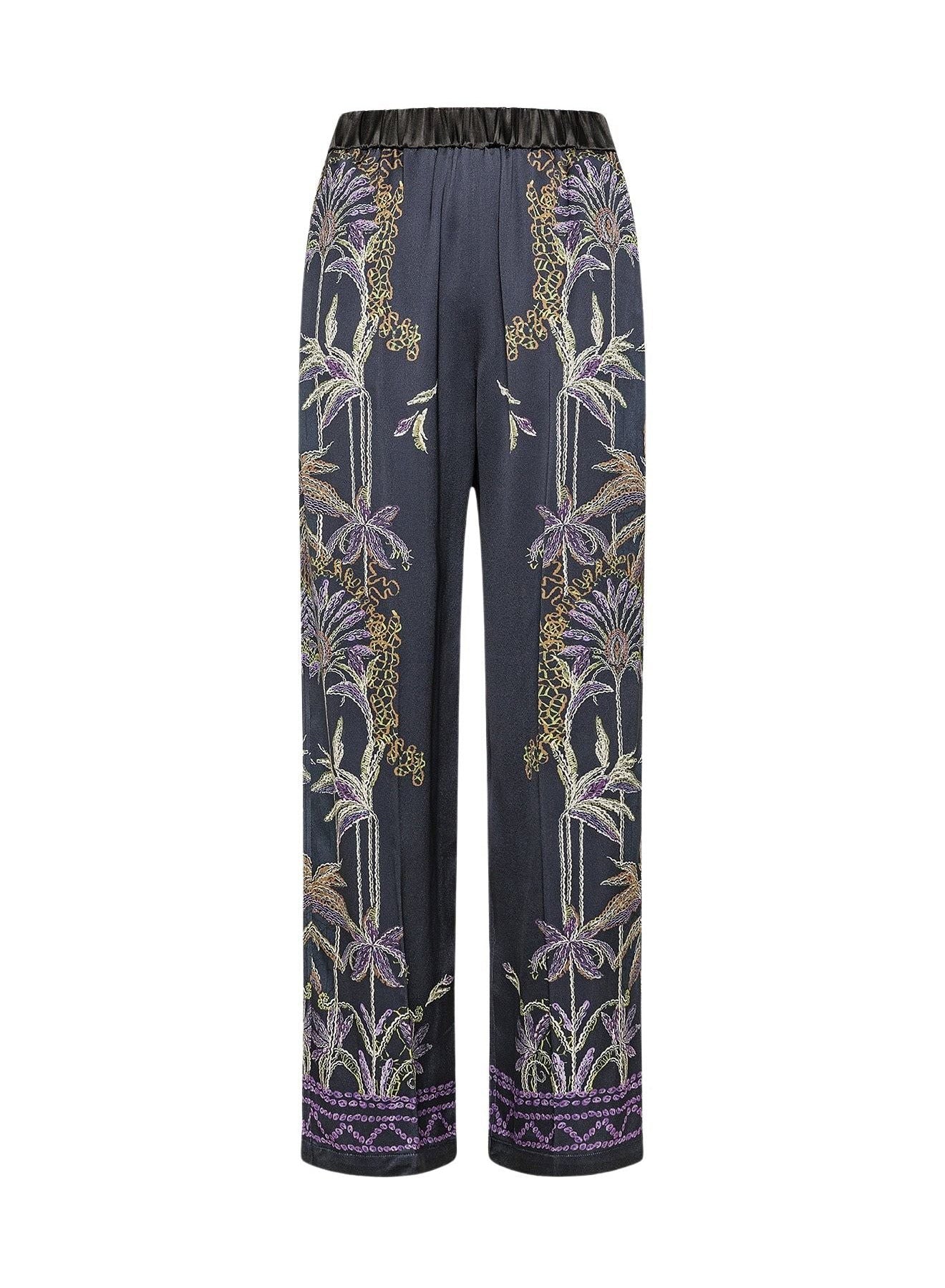 Pantalon élastiqué en satin à imprimé Sogni - Notte