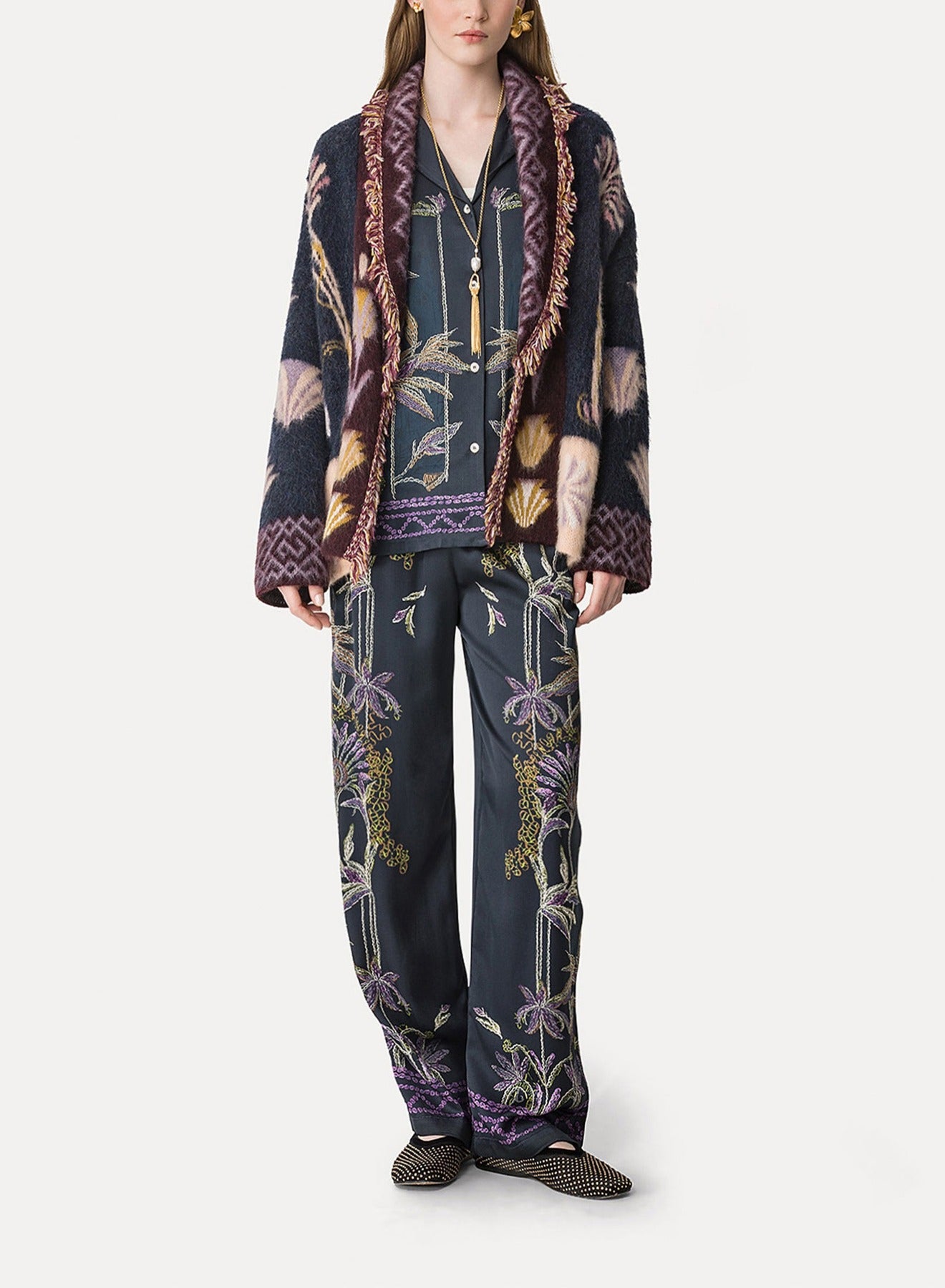 Pantalon élastiqué en satin à imprimé Sogni - Notte