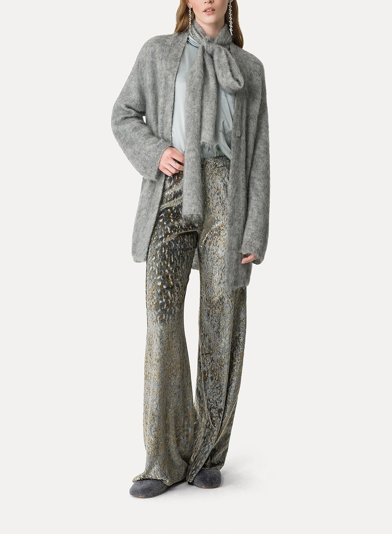 Cardigan oversize en laine avec écharpe - Grigio Melange