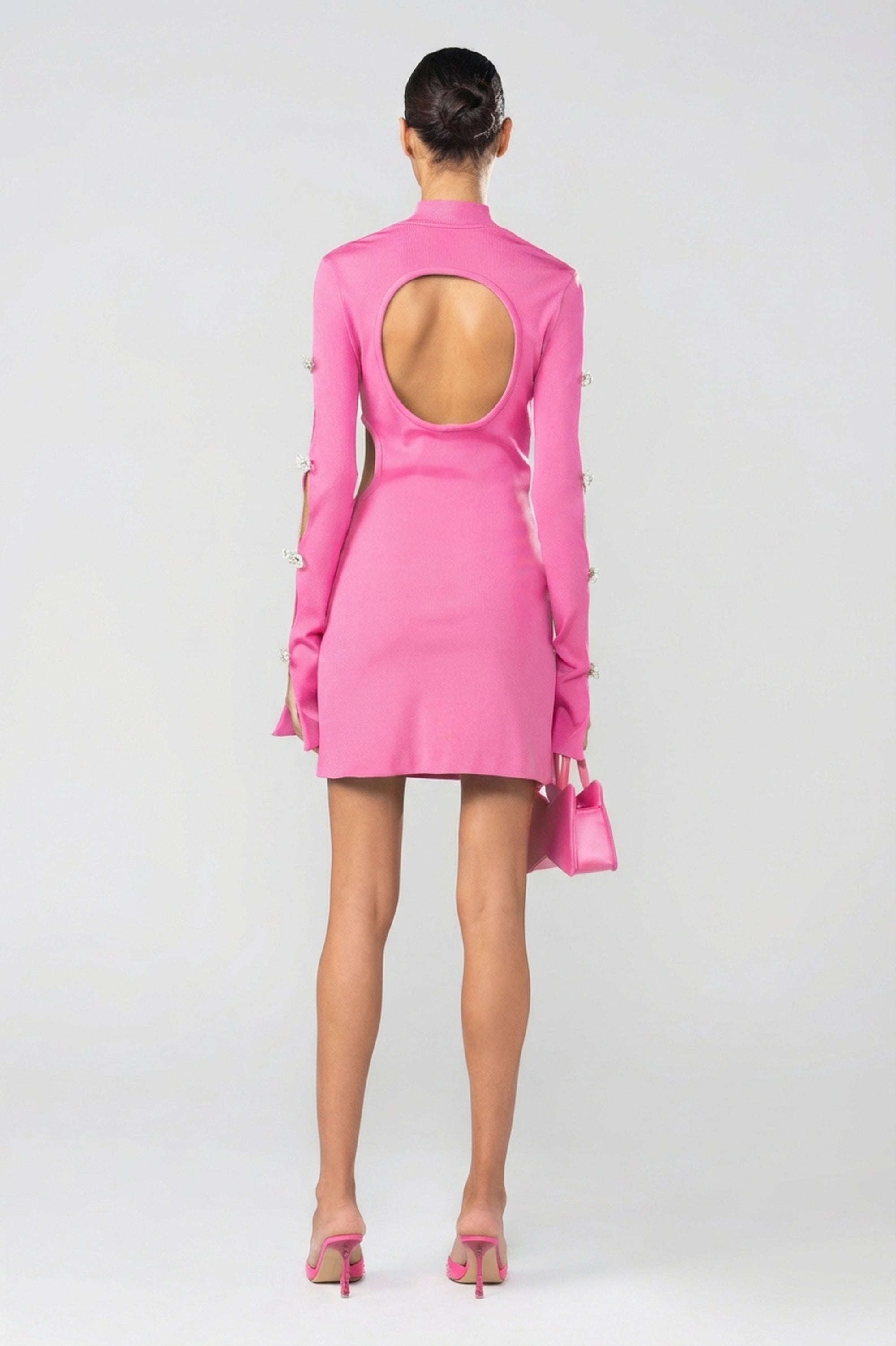 Robe courte à découpes en laine & strass - Pink