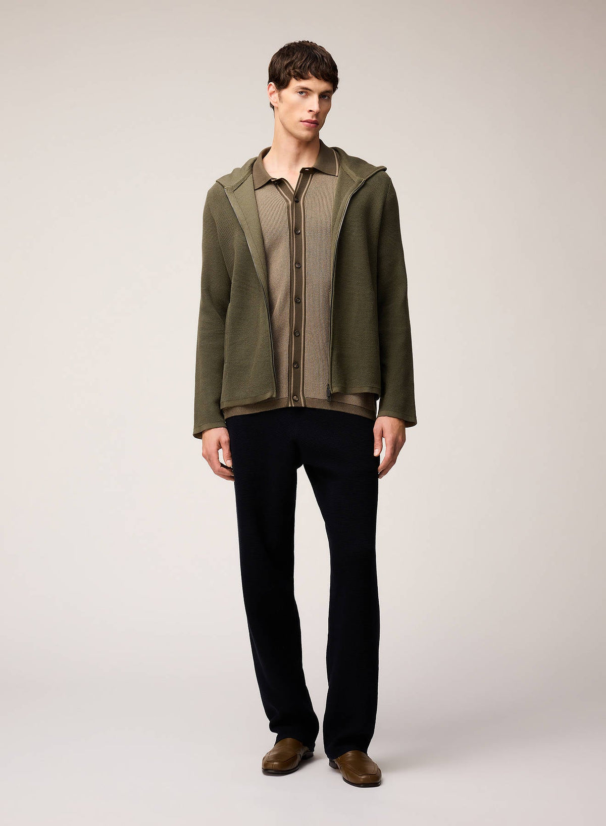 OLIVE GREEN KNIT ZIP UP HOODIE