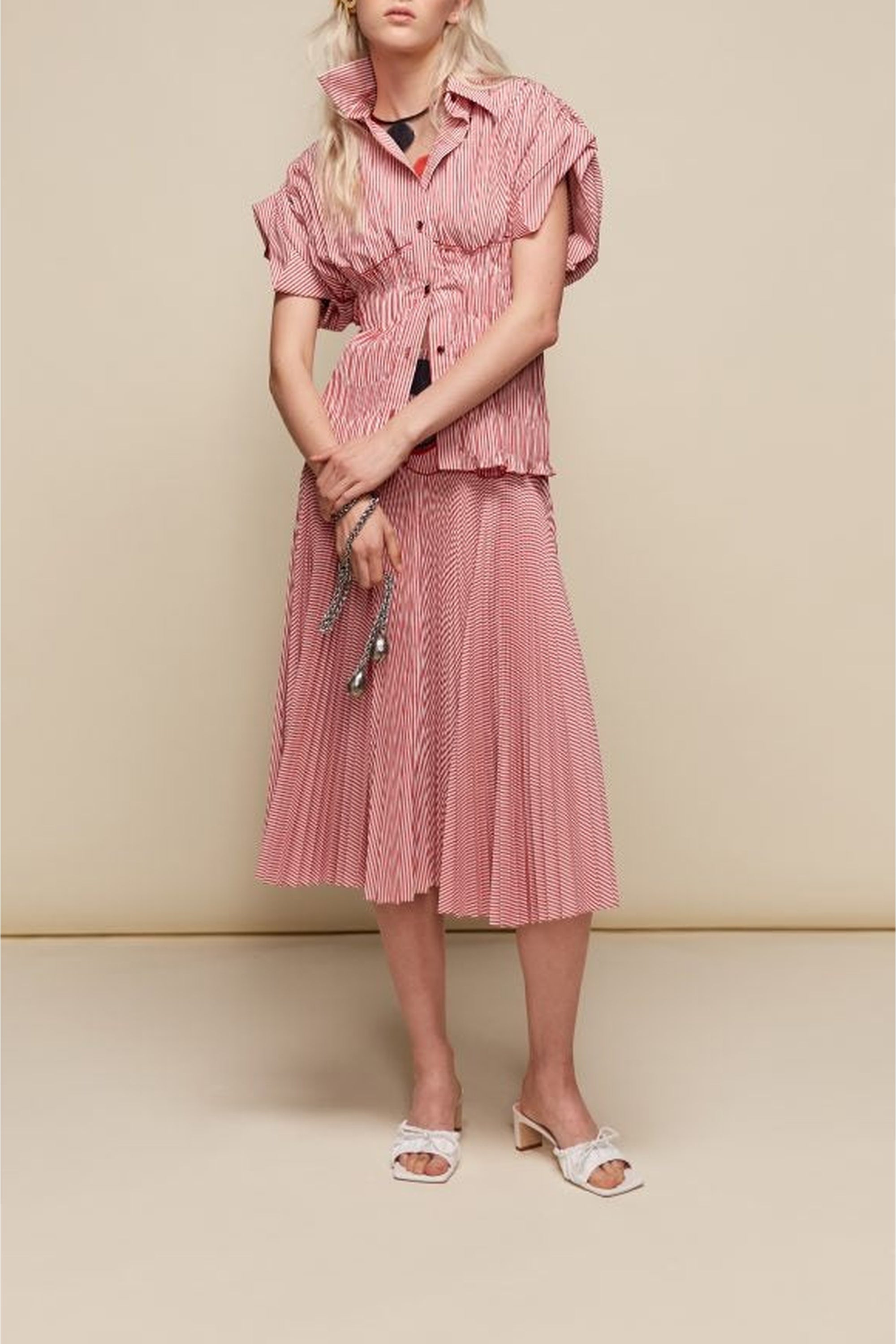 Chemise plissée à manches bouffantes - Rouge