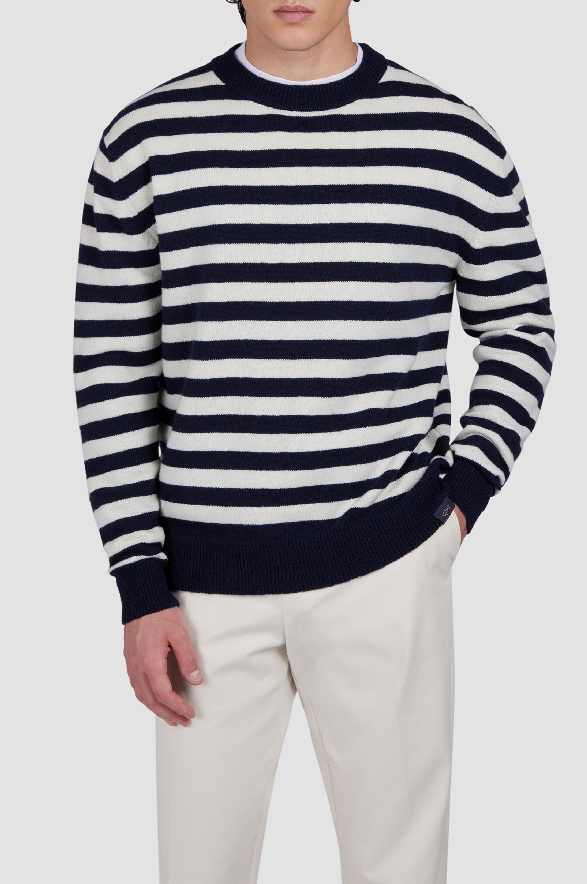 Pull à col rond en laine - Bleu & blanc