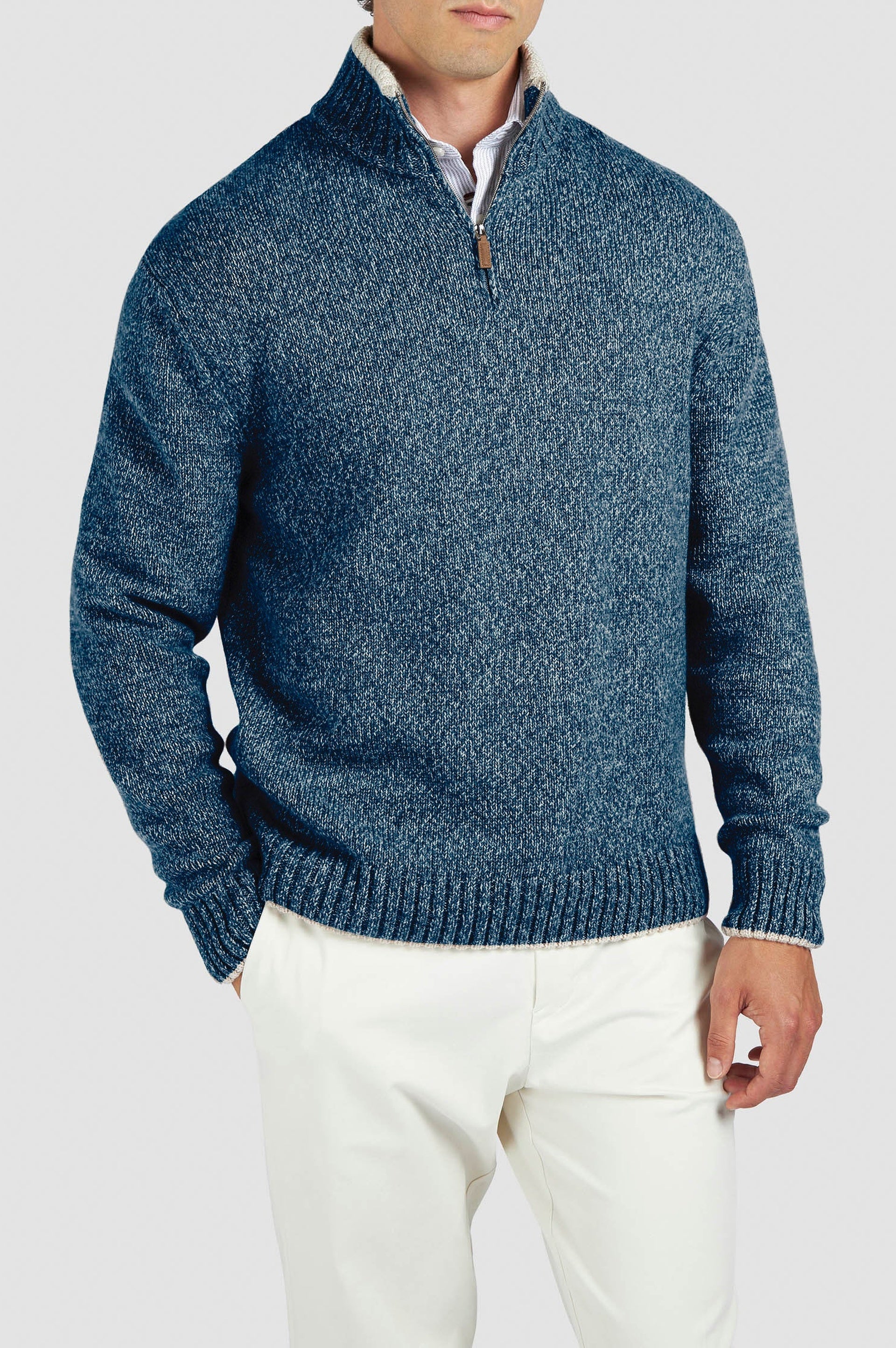 Pull Riviera à demi-zip en laine et cachemire - Tissé bleu & gris