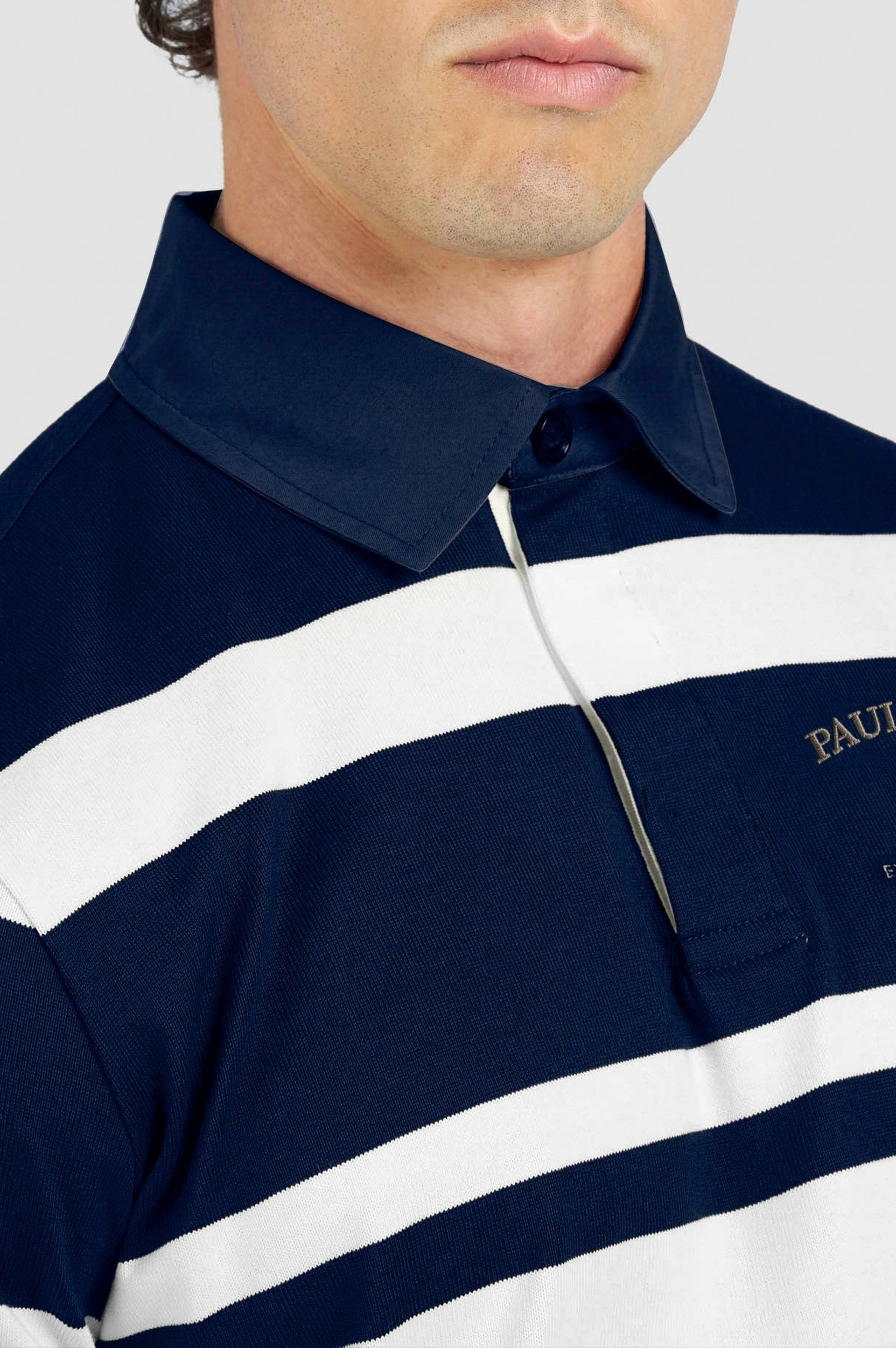 Long-sleeved embroidered polo shirt - Blue & white