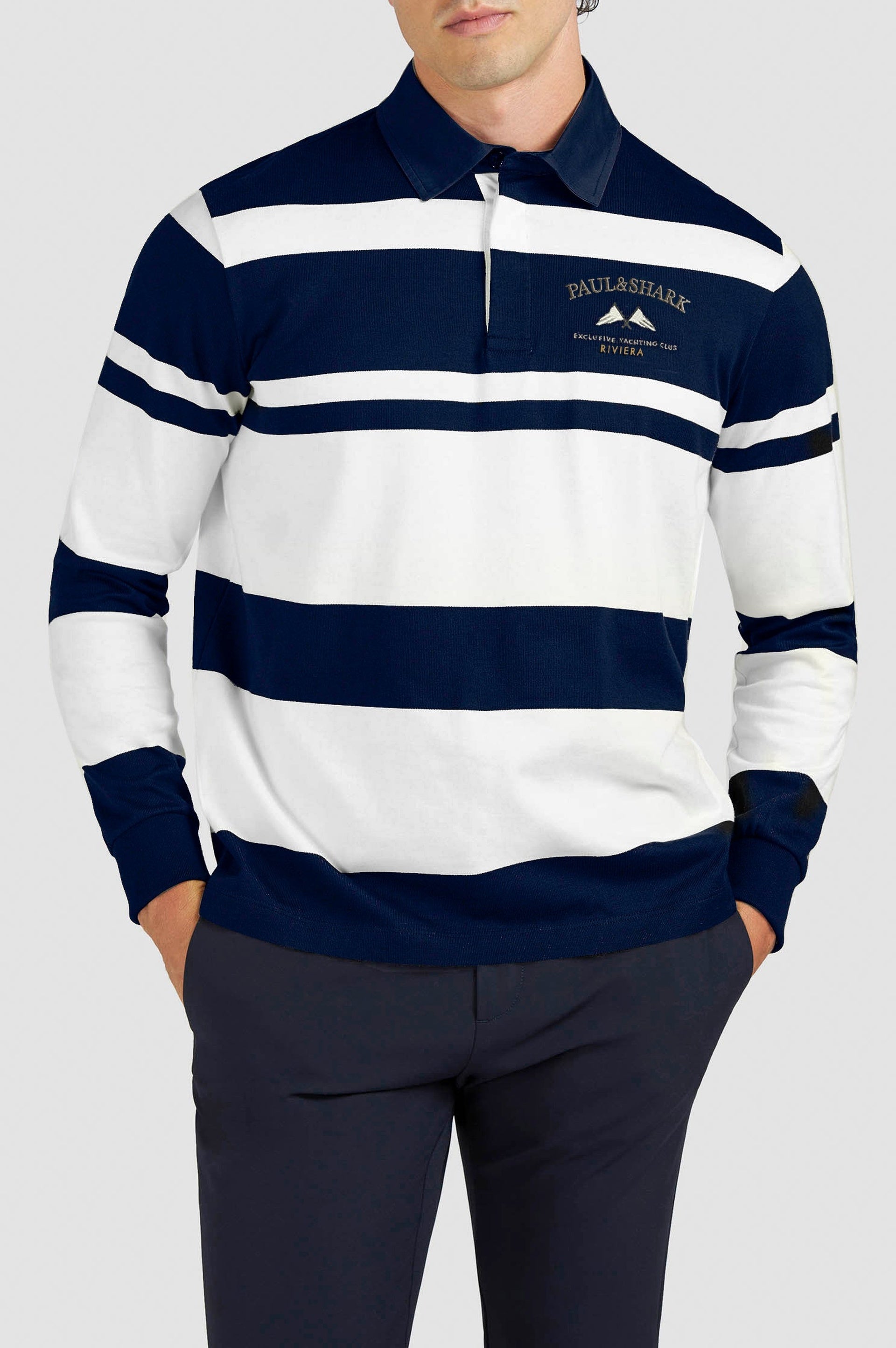 Long-sleeved embroidered polo shirt - Blue & white