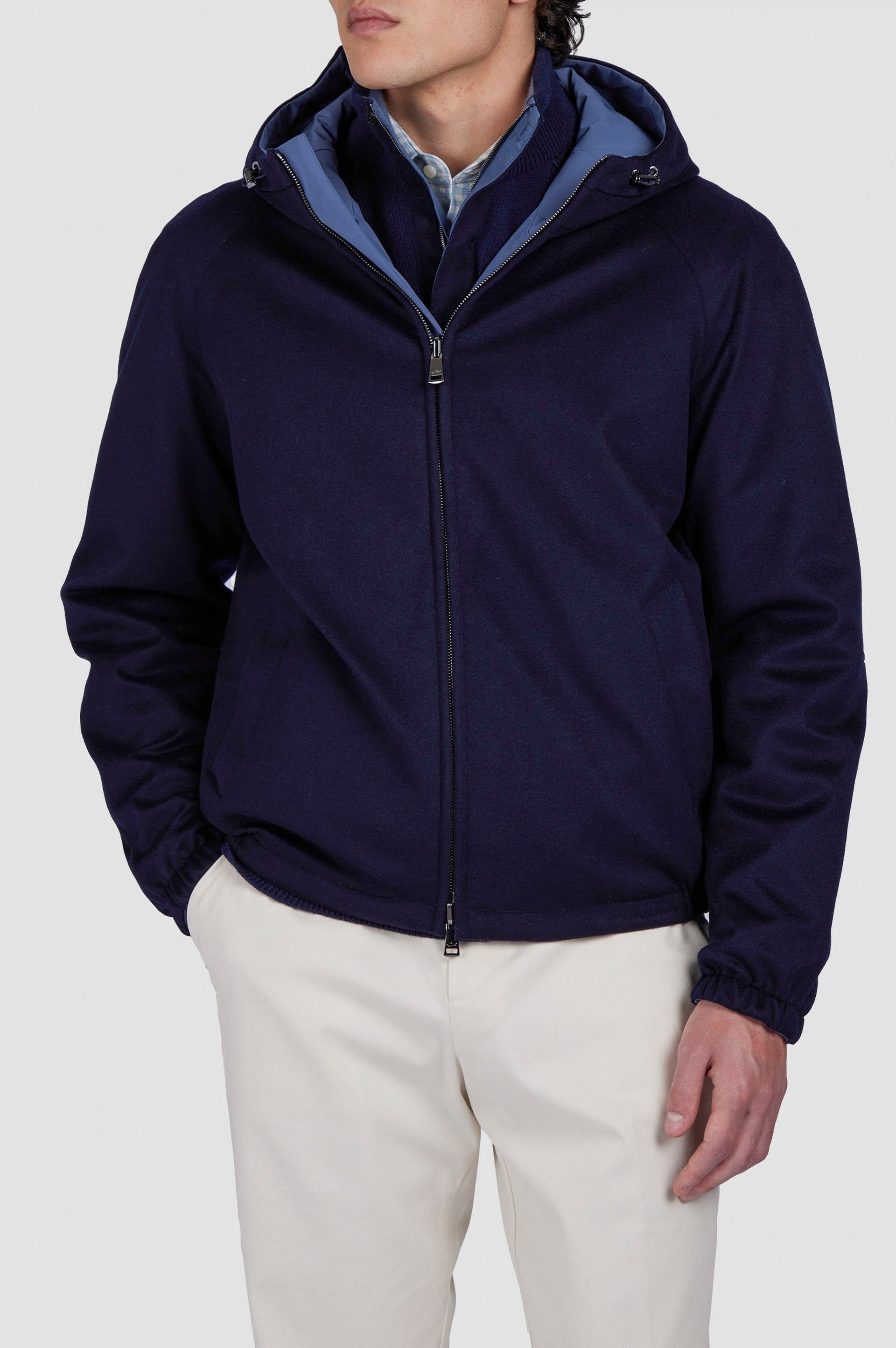 Reversible hooded cashmere coat - Blue & aviation blue