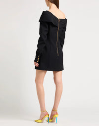 Asymmetric draped short wool dress - Black