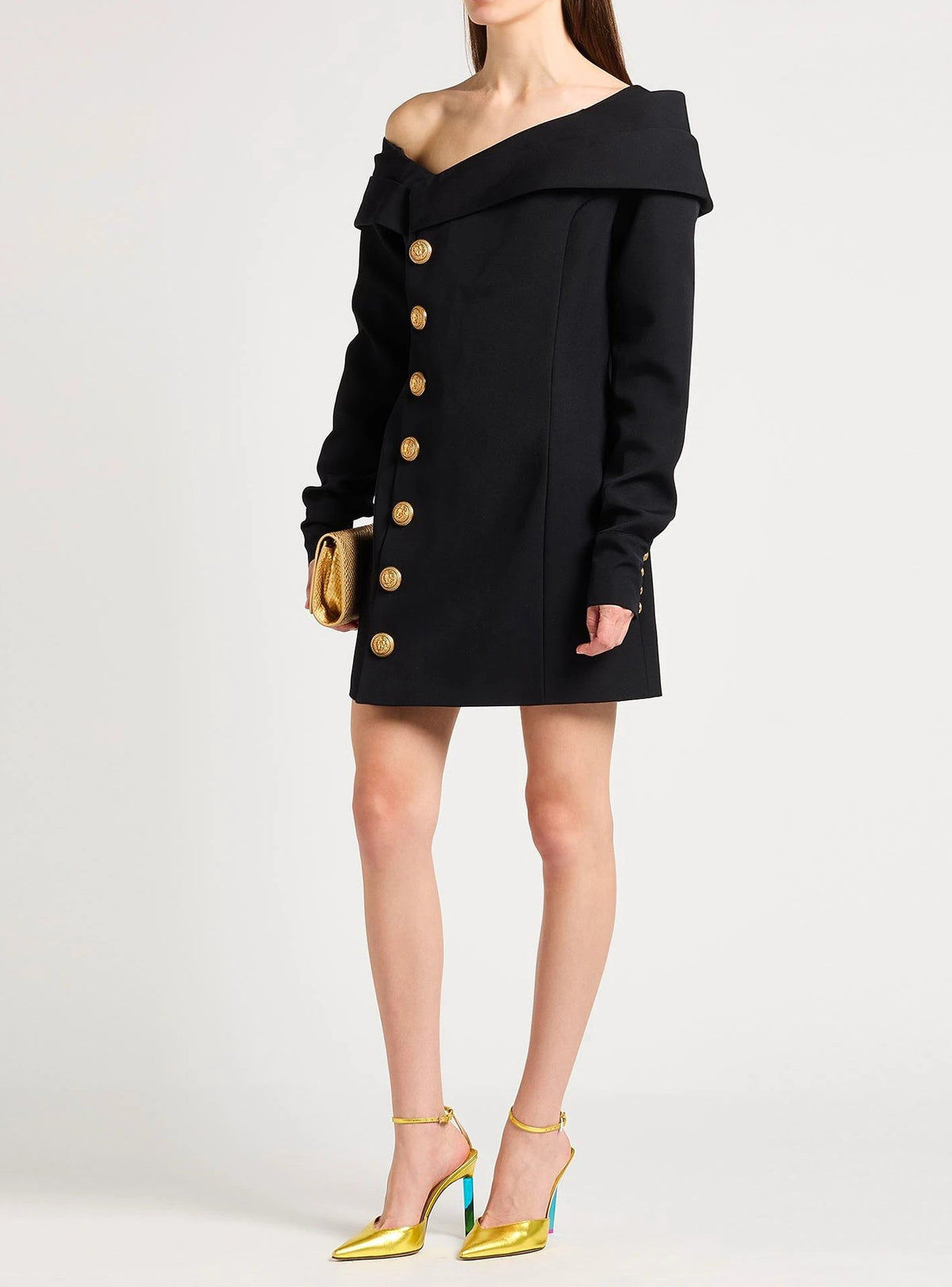 Asymmetric draped short wool dress - Black
