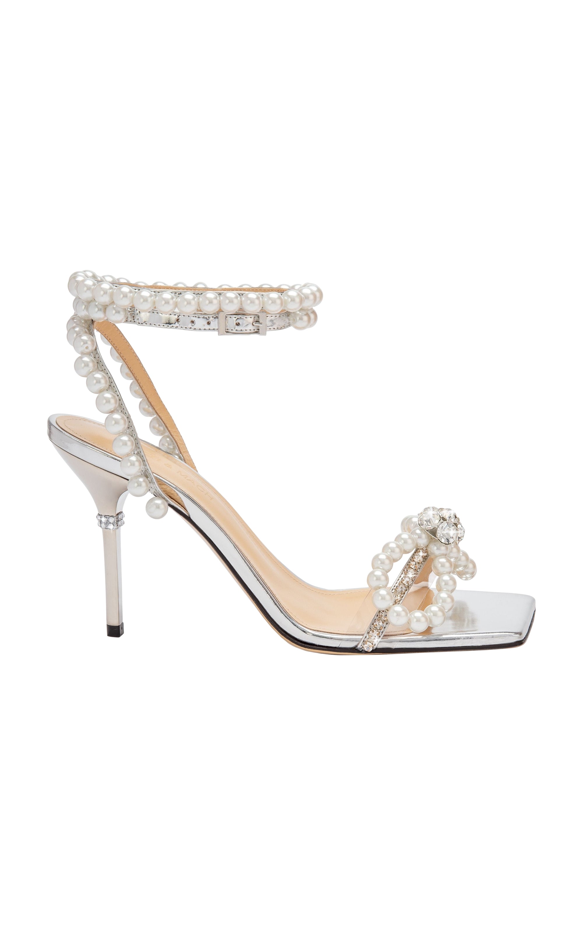 Bow 95 heeled sandals in mirrored leather & pearls - Silver