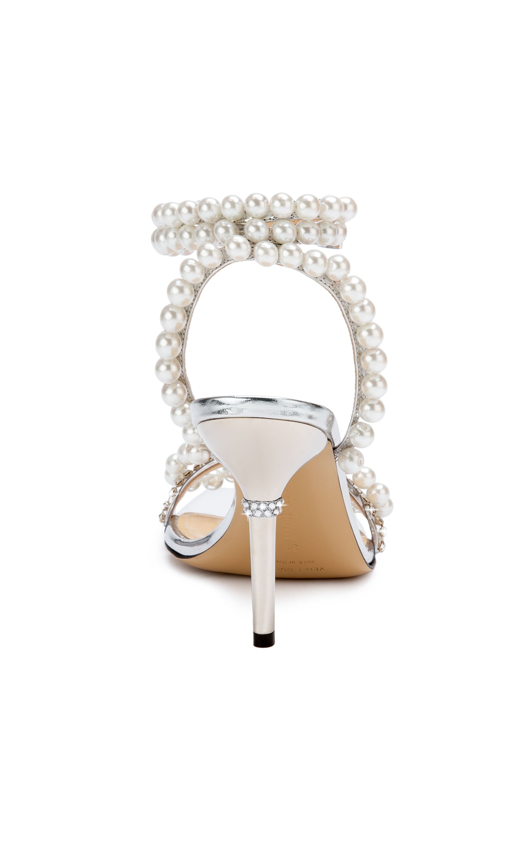 Bow 95 heeled sandals in mirrored leather & pearls - Silver