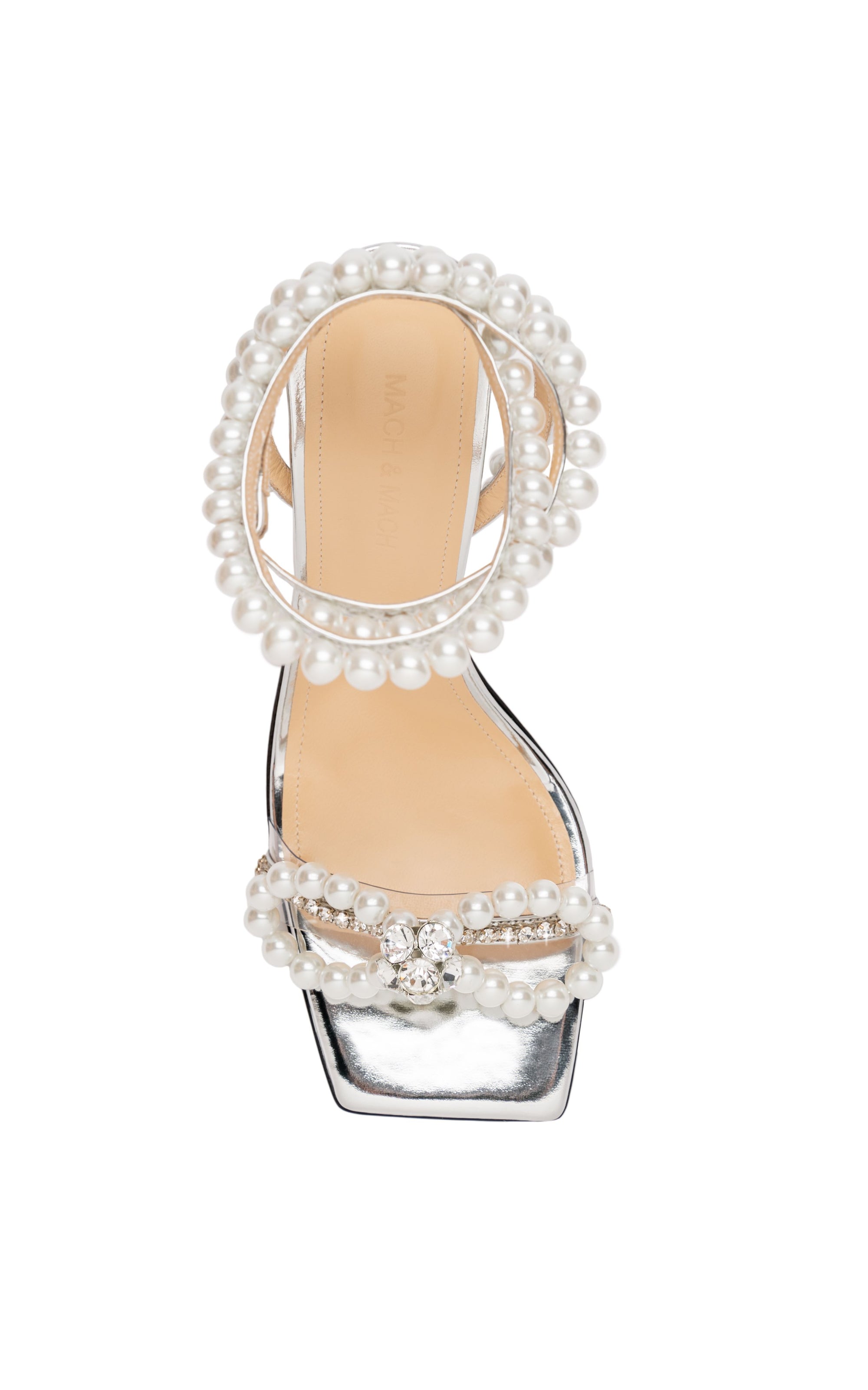 Bow 95 heeled sandals in mirrored leather & pearls - Silver