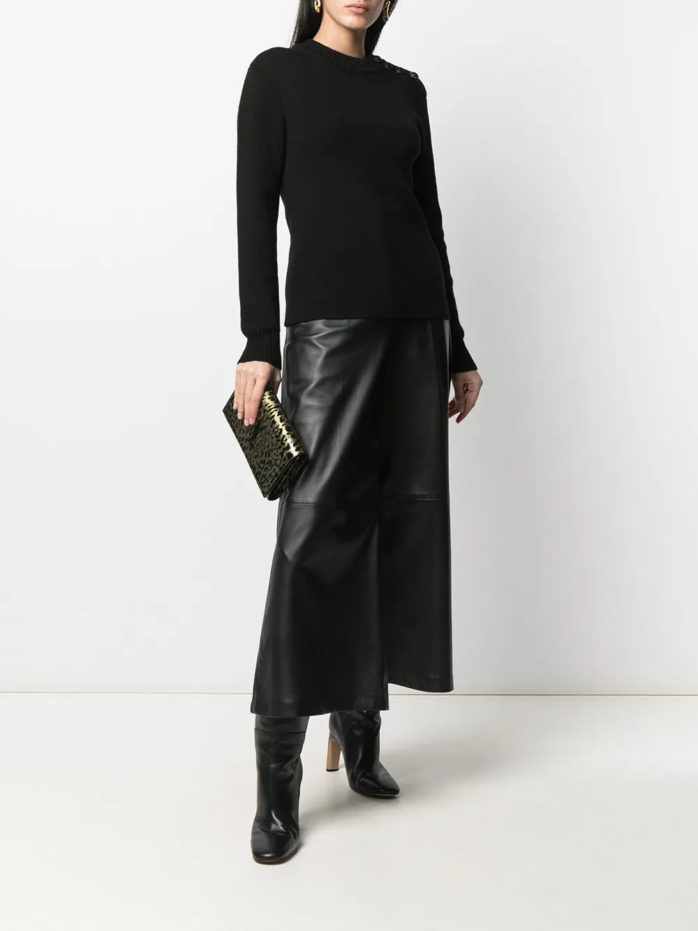 Pull col roulé avec détails boutonnés en laine - Black