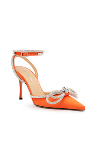 Double Bow 95 strappy pumps in silk & strass - Orange