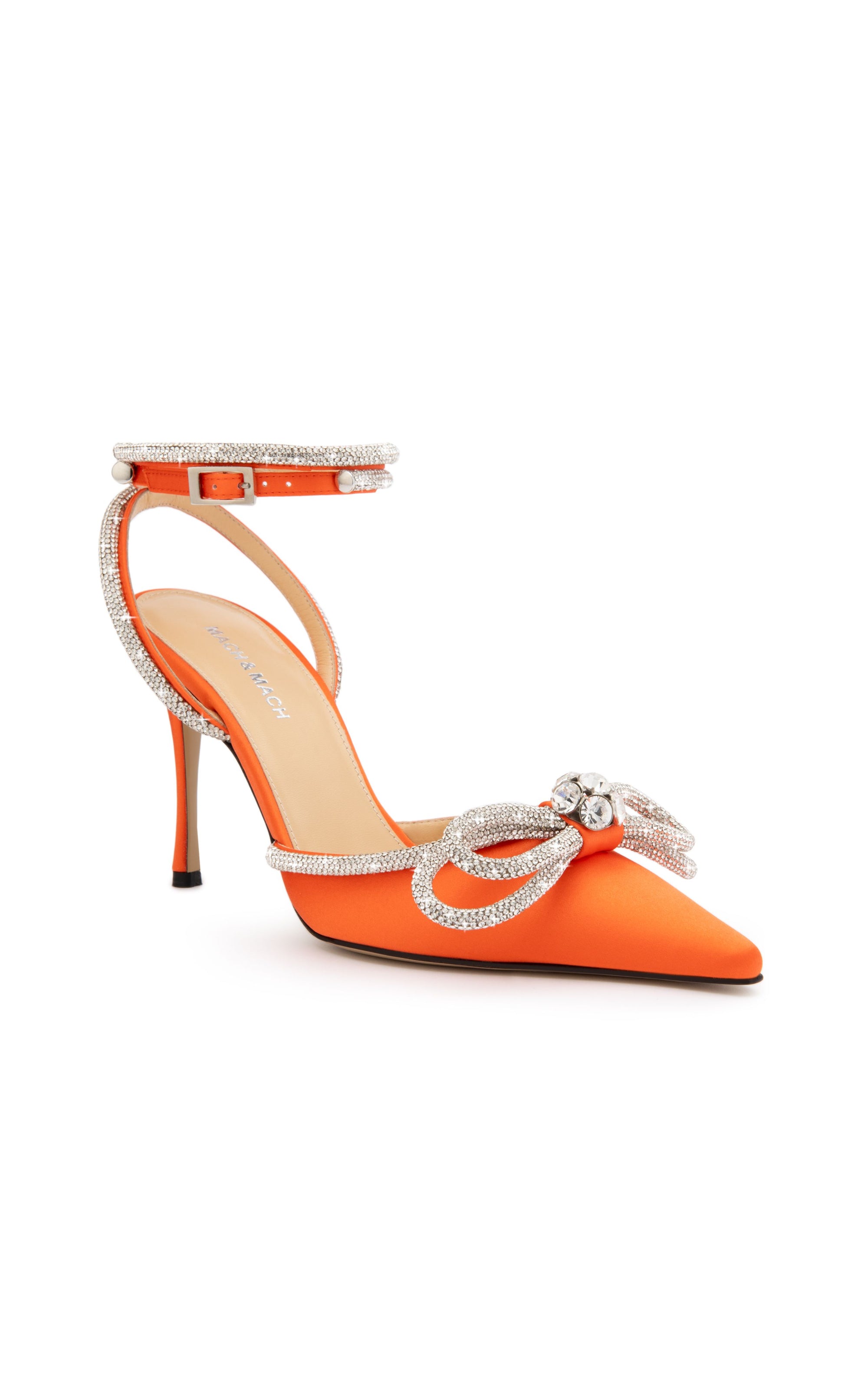 Double Bow 95 strappy pumps in silk & strass - Orange