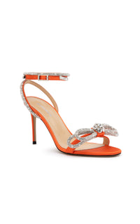 Double Bow 95 heeled sandals in silk & rhinestone - Orange