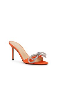 Mules à talon Double Bow 95 en soie & strass - Orange