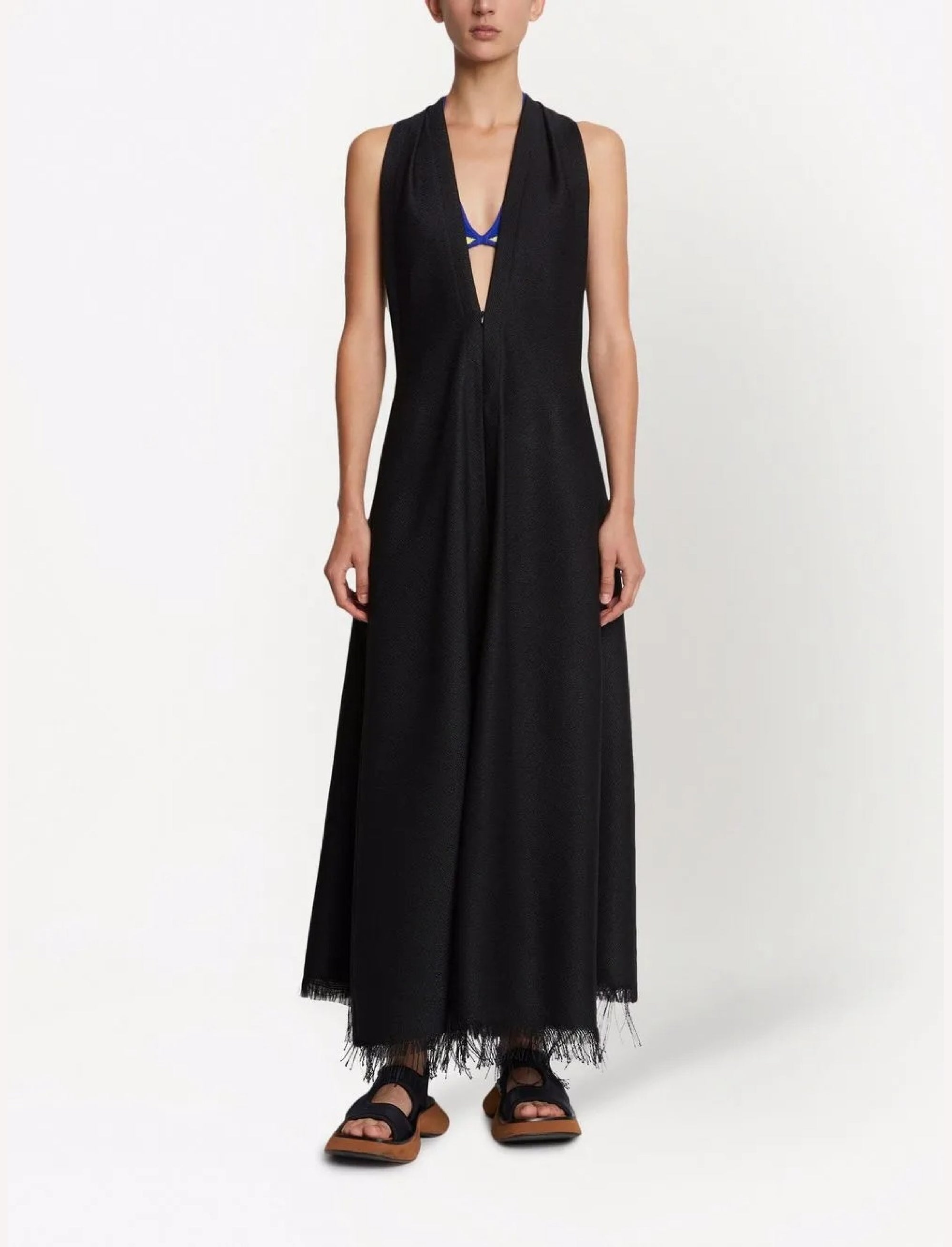 V-neck fringed maxi dress - Black