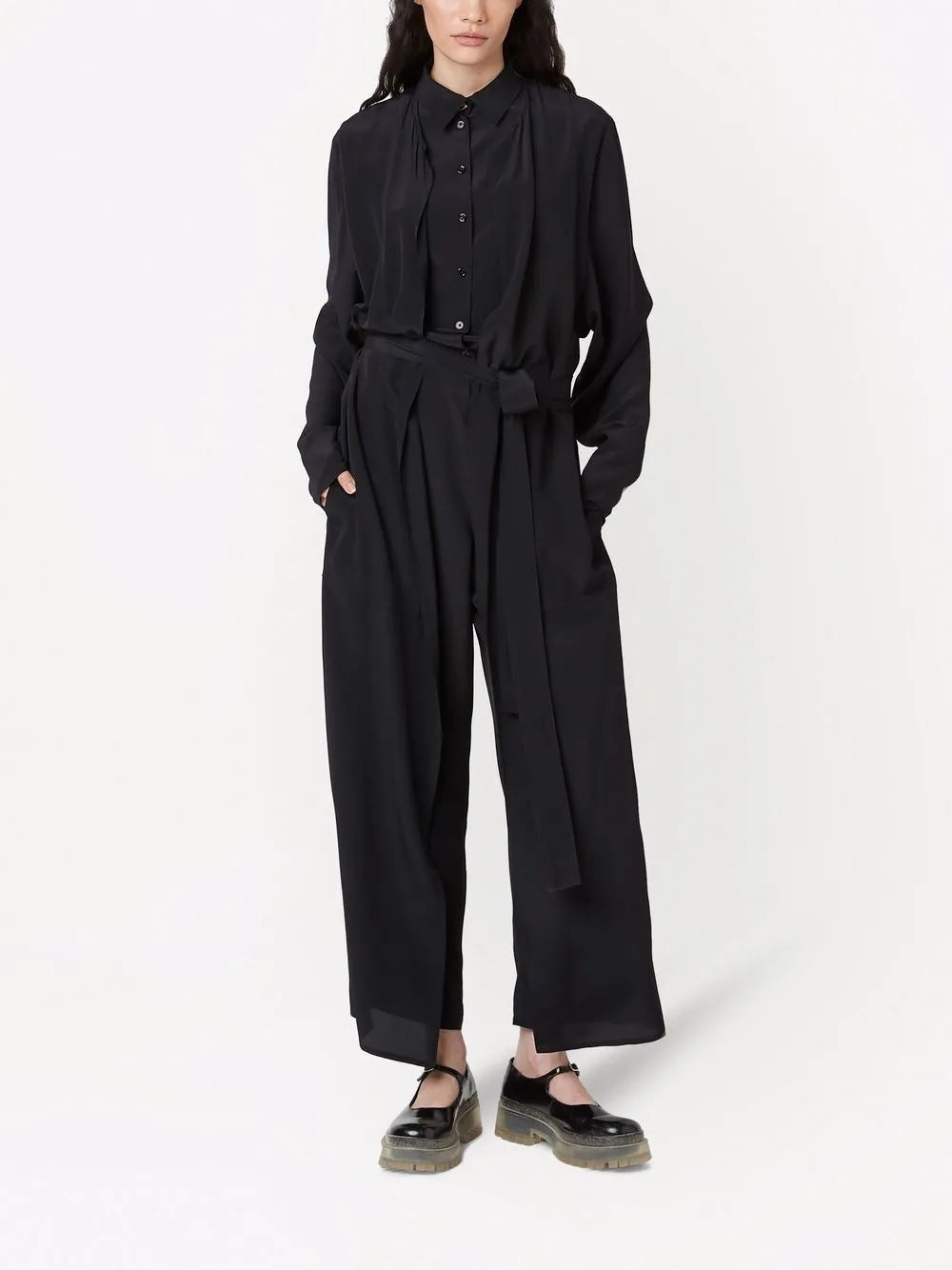 Combinaison boutonnée et nouée à la taille en soie - Black