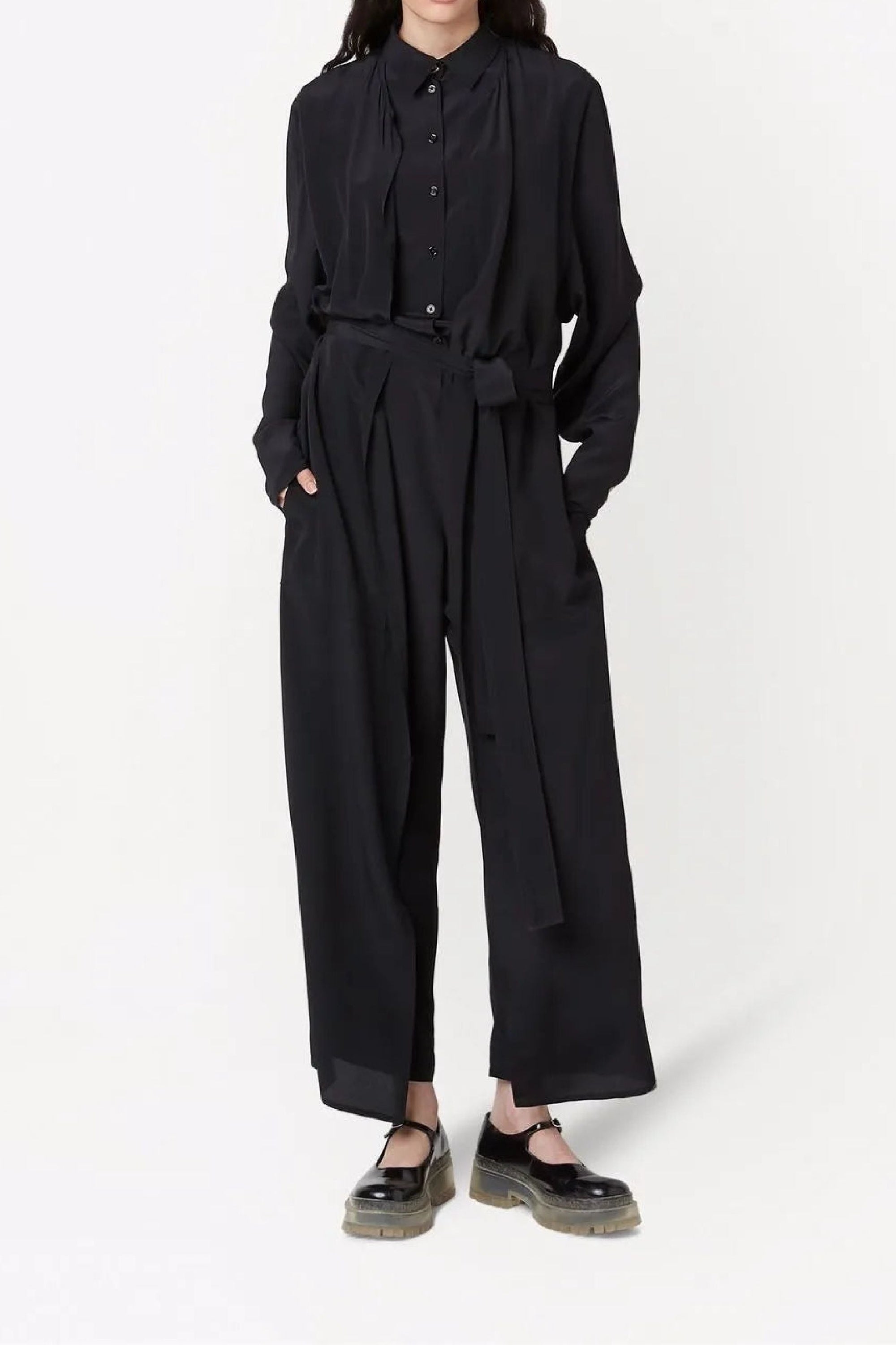 Combinaison nouée à la taille en soie - Black