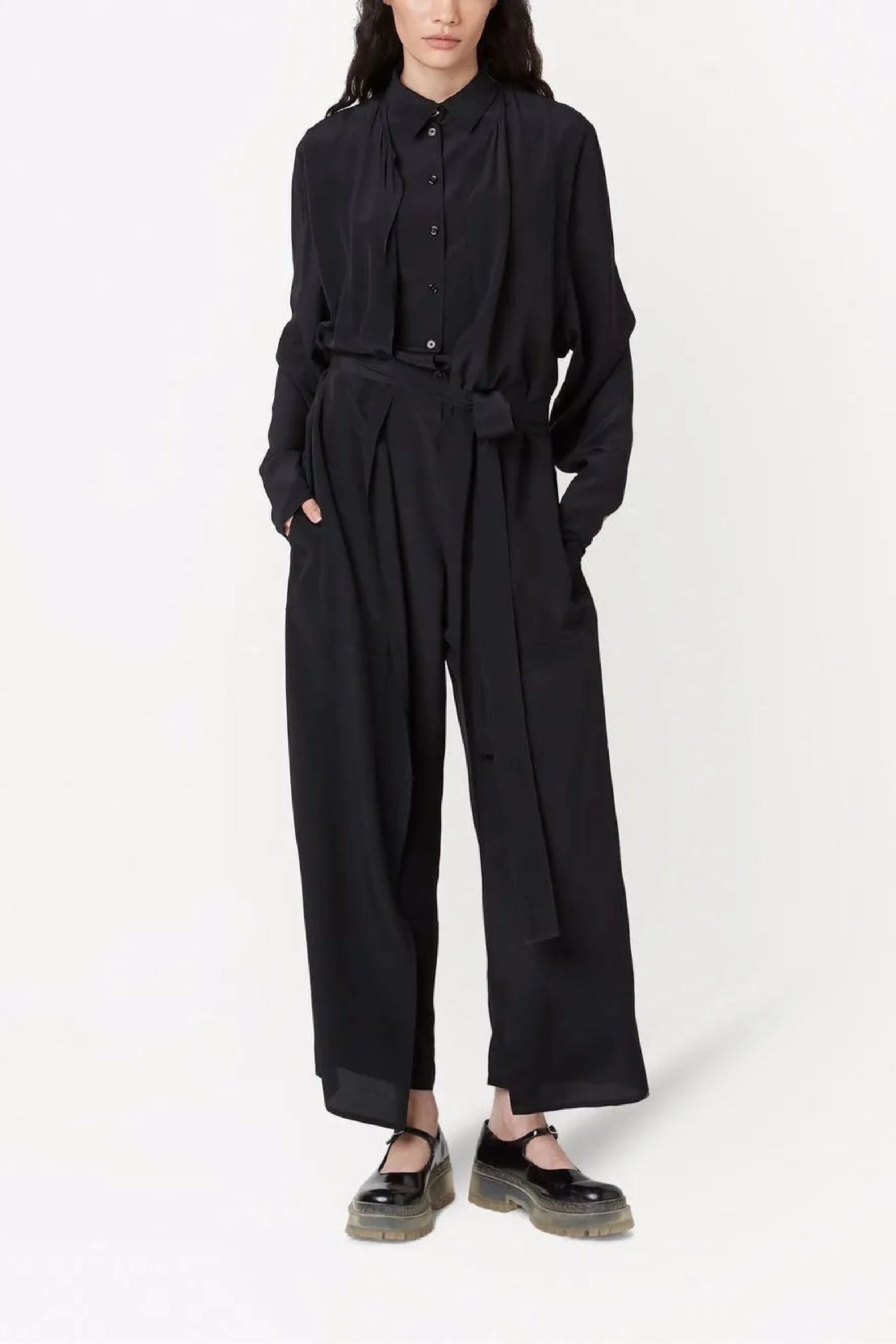 Combinaison boutonnée et nouée à la taille en soie - Black
