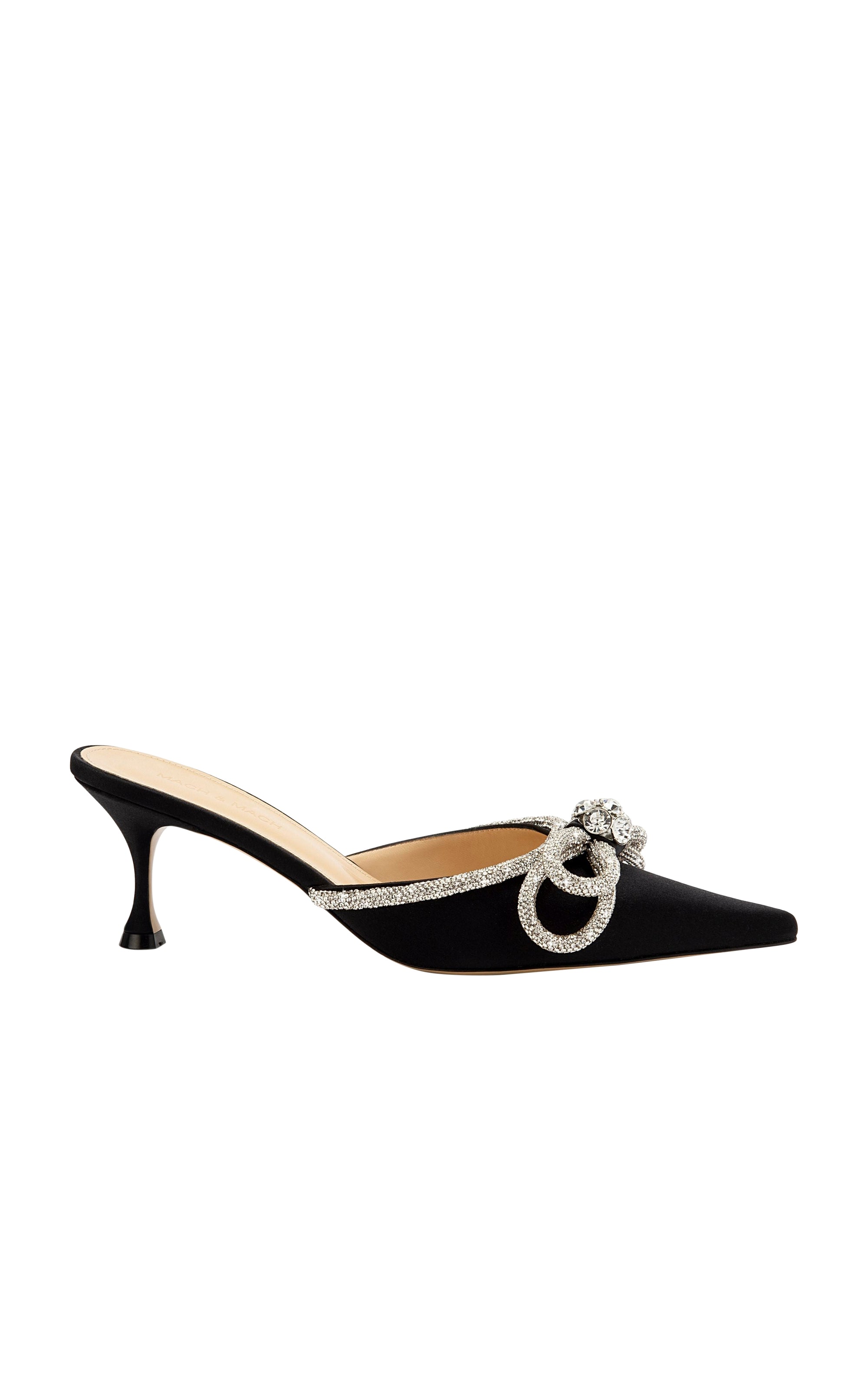 Mules à talon Double Bow 65 en soie & strass - Black