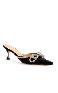 Mules à talon Double Bow 65 en soie & strass - Black