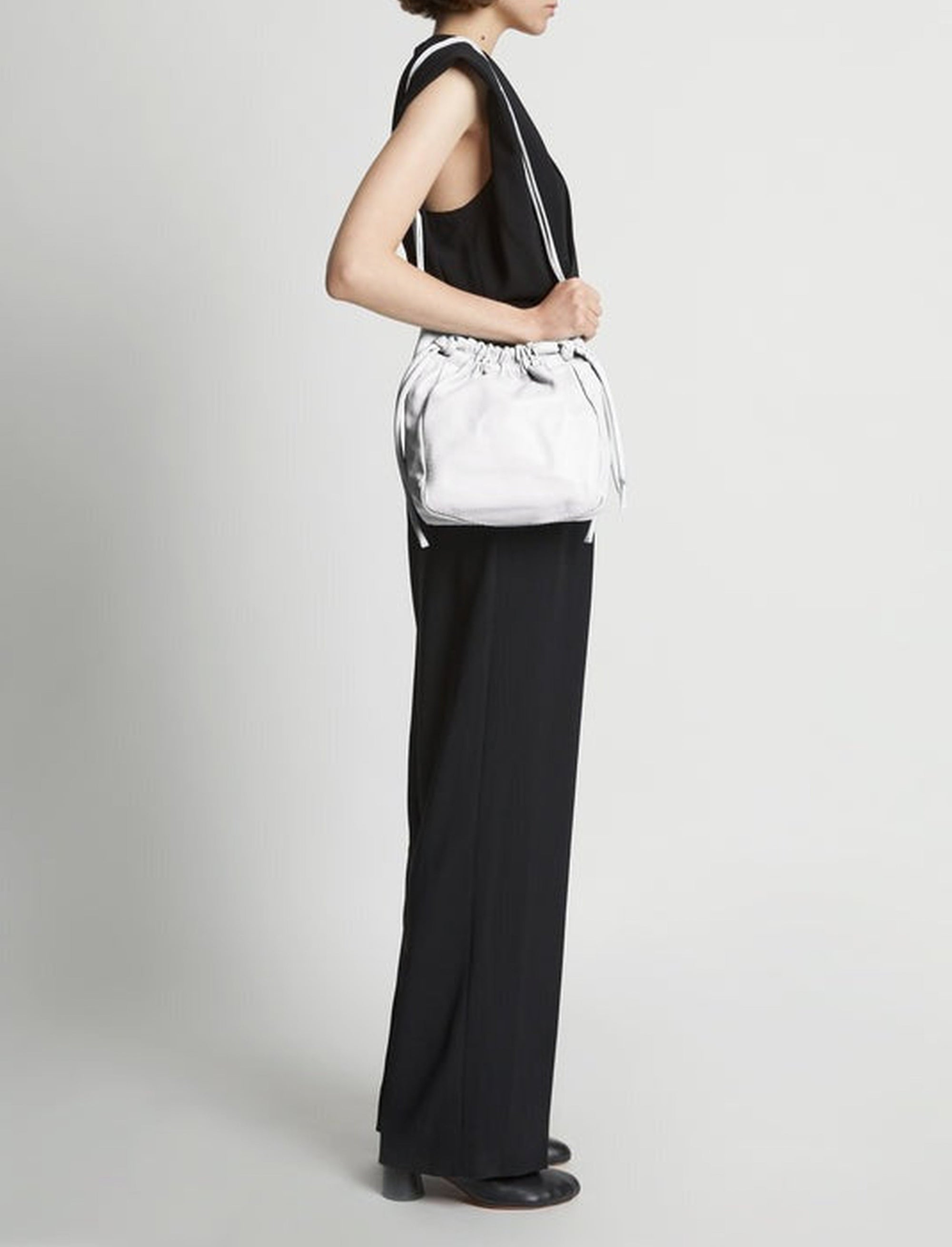 Sac seau à cordon de serrage en cuir - Optic White