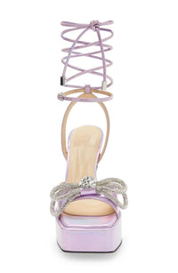Double Bow 140 platform sandals in leather & rhinestone - Pink Iridescent