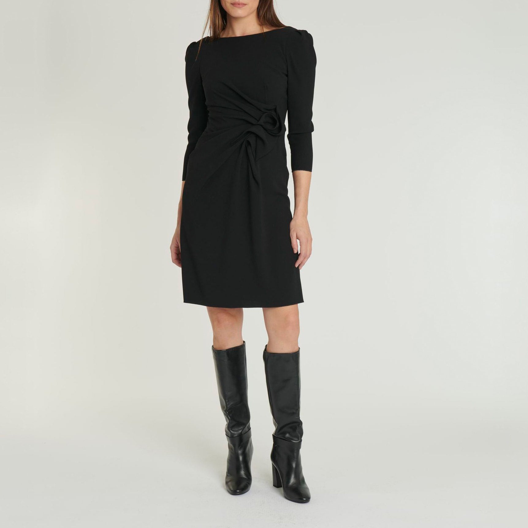 Mid-length sleeved dress in satin-back crepe - Black