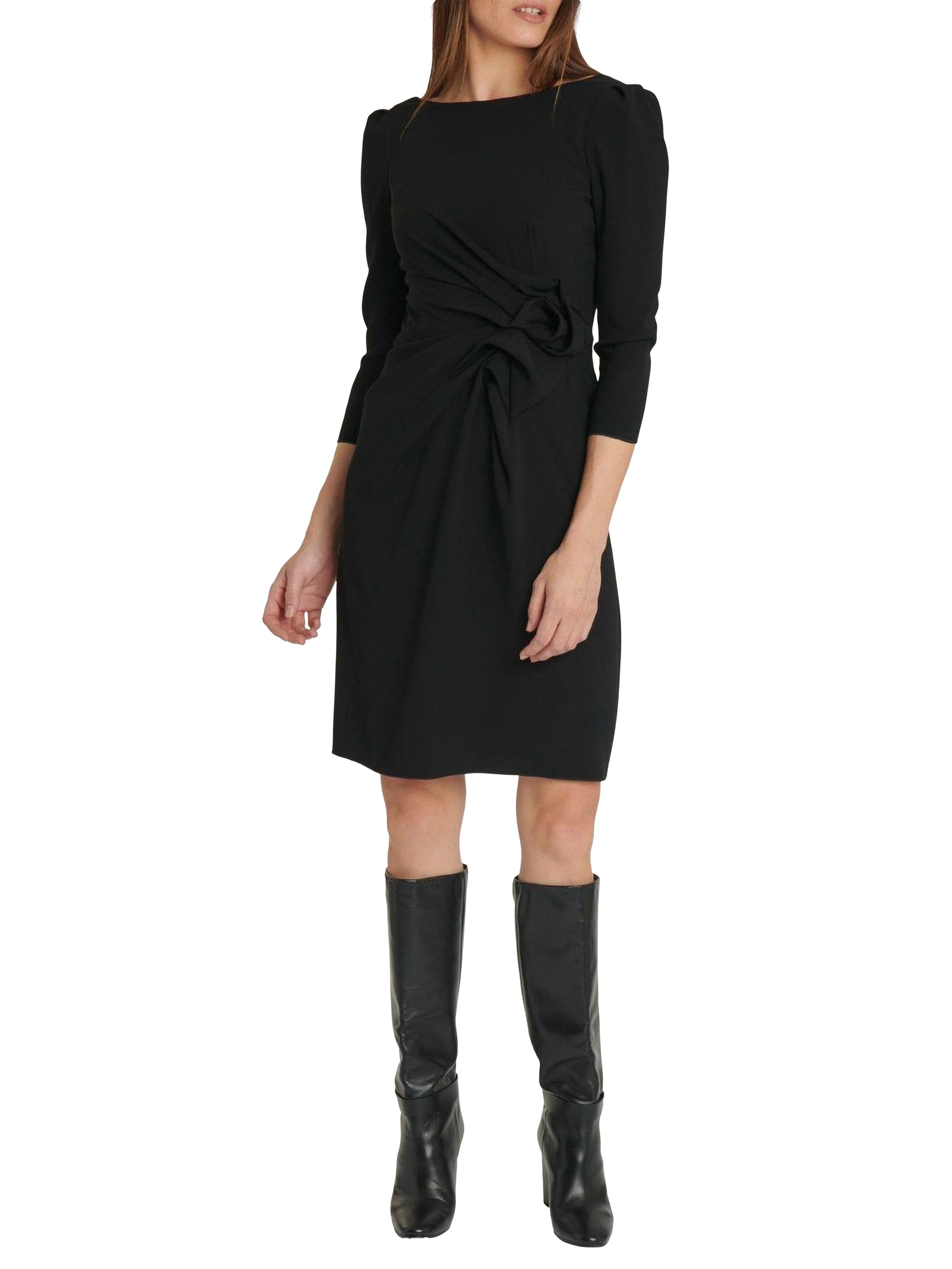 Mid-length sleeved dress in satin-back crepe - Black