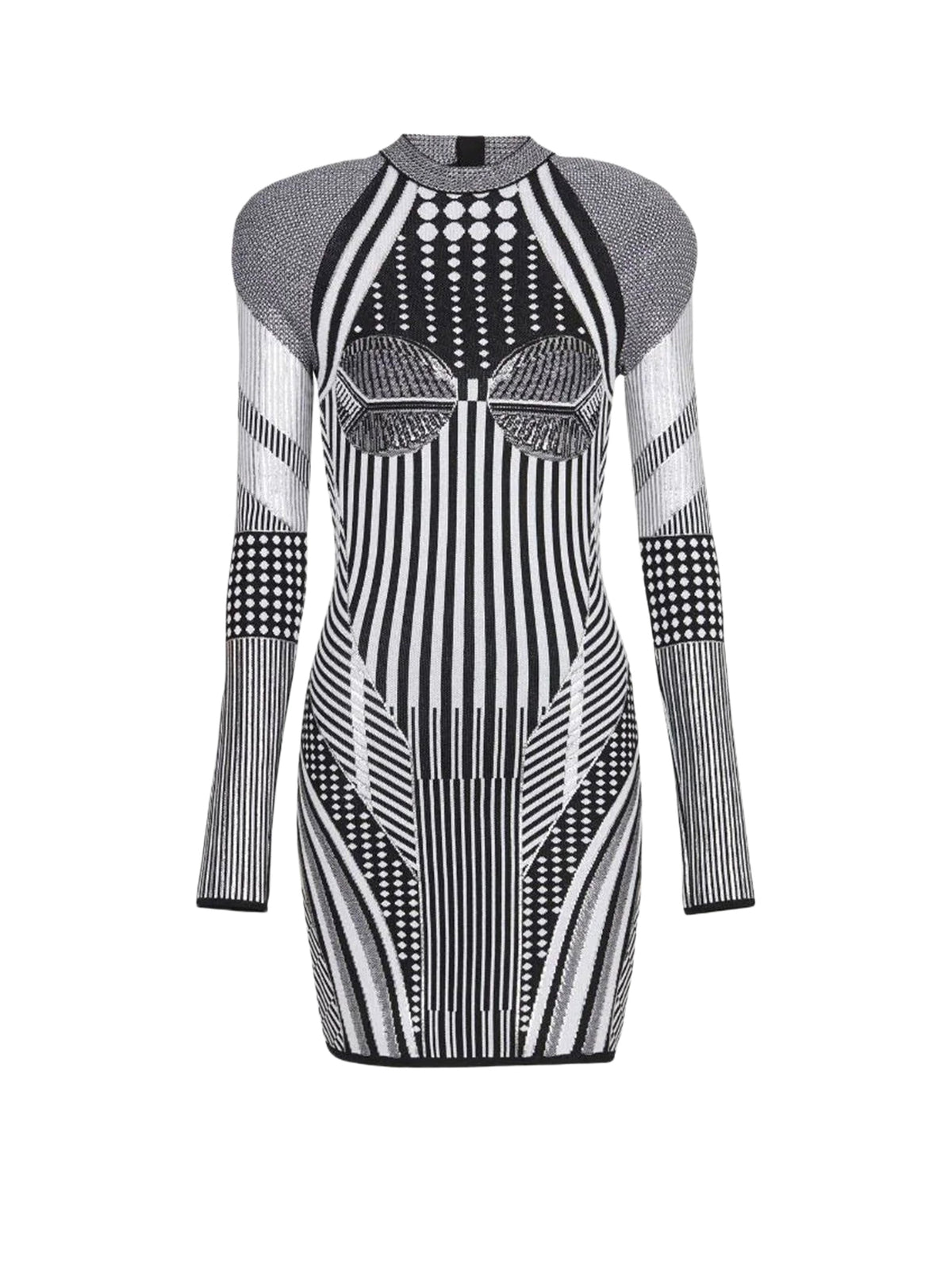 Robe courte en jacquard à imprimés - Noir, Blanc & Argent