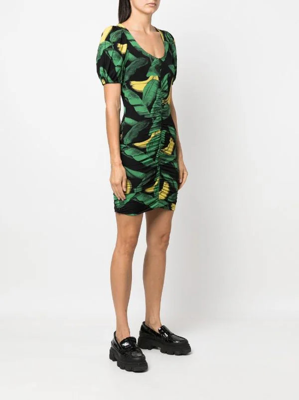 Robe courte drapée à manches bouffantes et imprimé - Black