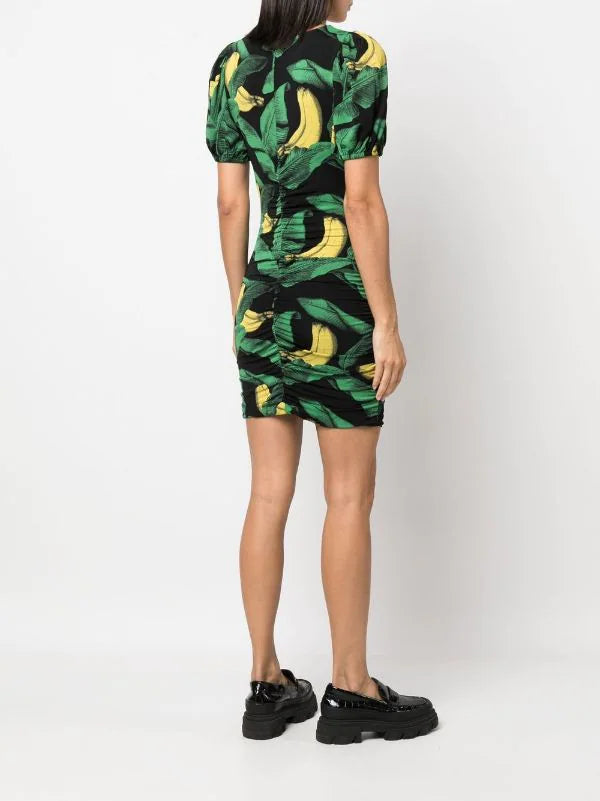 Robe courte drapée à manches bouffantes et imprimé - Black