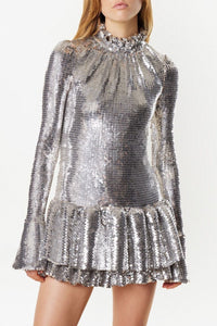 Robe courte et col montant à paillettes - Silver