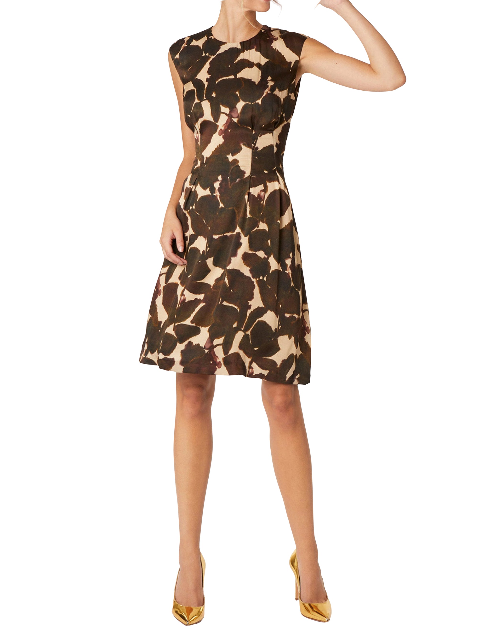 Robe ceinturée à manches courtes - Marron & beige