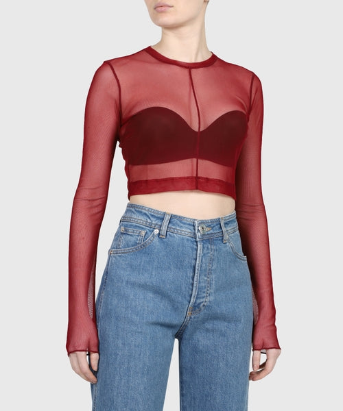 T-shirt court à manches longues en mesh - Burgundy