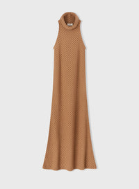 CAMEL JACQUARD SLEEVELESS MAXI COLLAR LONG DRESS