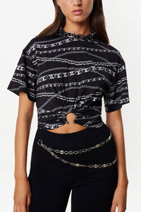 T-shirt cropped imprimé punk chain à fronce - Silver Punk Chain