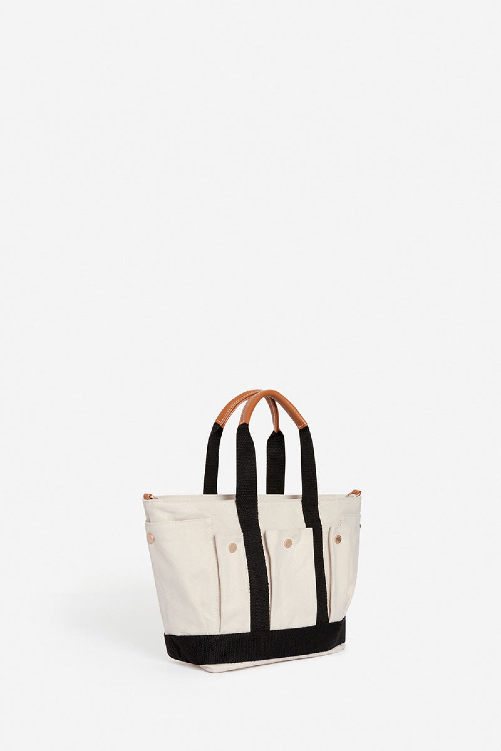 S-size canvas tote bag with multiple pockets - Ecru & Black