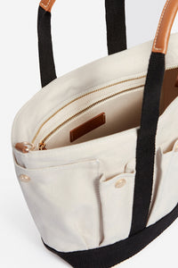 S-size canvas tote bag with multiple pockets - Ecru & Black