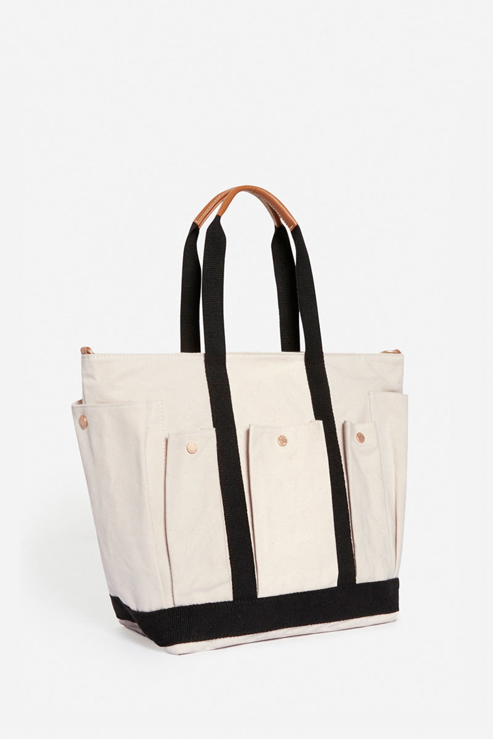 L-size canvas shopping bag with multiple pockets - Ecru & Black